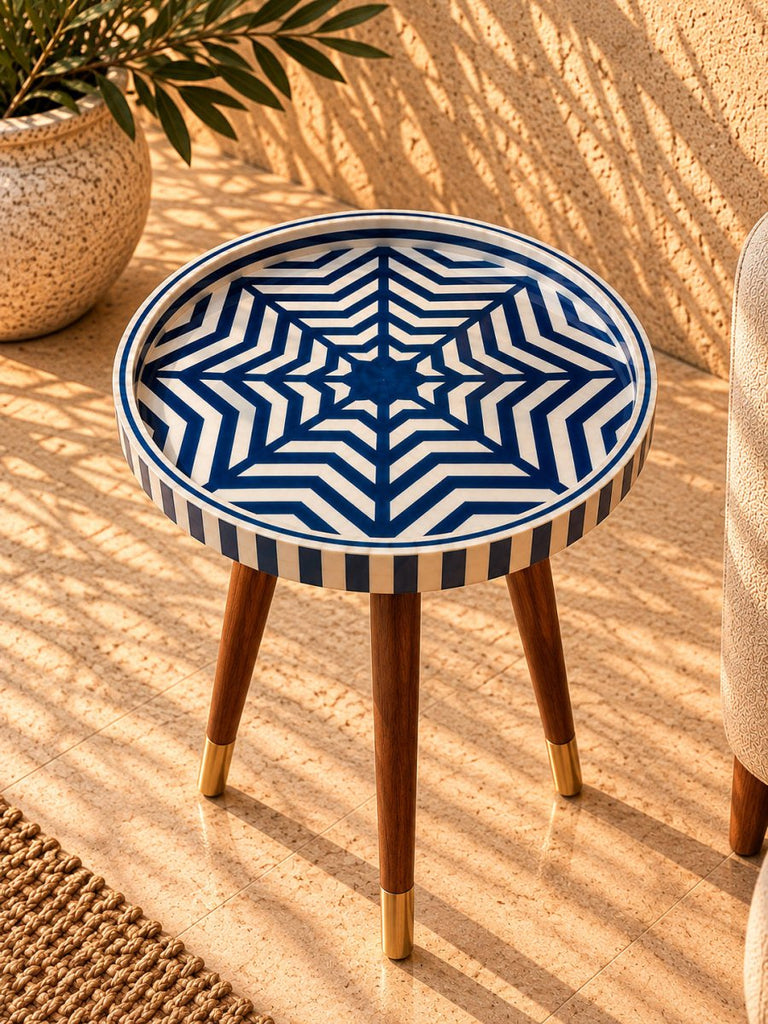 Khmnz Blue Vortex Mother of Pearl Side Table Mother Of Pearl Side Table Handmade Egypt