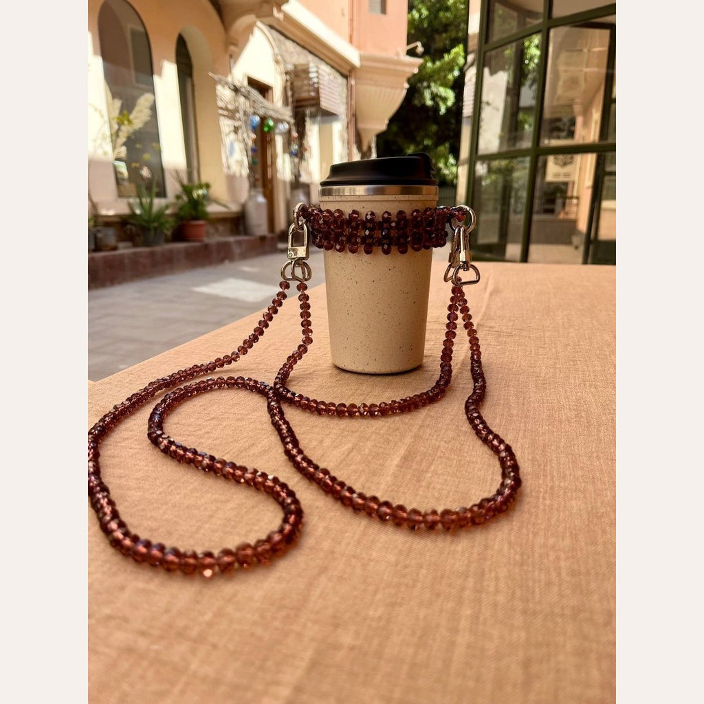 Crystal beaded cup holder bag with shoulder strap handmade in Egypt